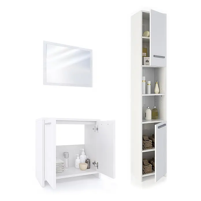 Vicco Badmöbel-Set Kiko Weiß 3 Teile, mit Hochschrank - Gesamtbreite Badmöbel: 88 cm, Weiß, Matt - Weißes Badmöbel-Set mit Spiegel, Waschtischunterschrank und hohem Hochschrank.