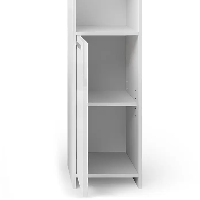 Vicco Badmöbel-Set Kiko Weiß 3 Teile, mit Hochschrank - Gesamtbreite Badmöbel: 88 cm, Weiß, Matt - Weißer hoher Aufbewahrungsschrank mit mehreren Regalböden und einer leicht geöffneten Tür, die einen Griff zeigt.