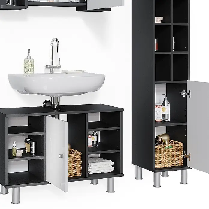 Vicco Badmöbel-Set Fynn Anthrazit 3 Teile, mit Midischrank Tür groß - Gesamtbreite Badmöbel: 110 cm, Anthrazit, Matt - Dunkelgraues Badmöbel-Set mit weißem Waschbecken, Waschtischunterschrank und hohem Schrank mit weißen Türen und silbernen Beinen.