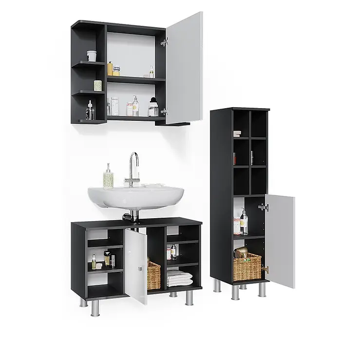 Vicco Badmöbel-Set Fynn Anthrazit 3 Teile, mit Midischrank Tür groß - Gesamtbreite Badmöbel: 110 cm, Anthrazit, Matt - Dunkelgraues Badmöbel-Set mit hellgrauen Türen: Wandschrank, Waschbeckenunterschrank und hoher Schrank.