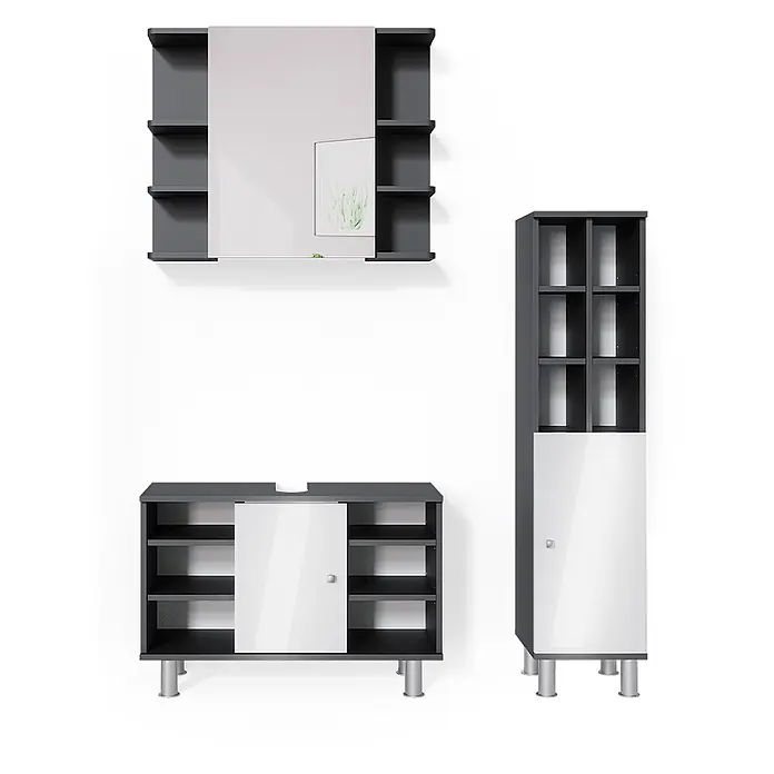 Vicco Badmöbel-Set Fynn Anthrazit 3 Teile, mit Midischrank Tür groß - Gesamtbreite Badmöbel: 110 cm, Anthrazit, Matt - Dunkelgraues Badmöbelset mit weißen Hochglanztüren/Spiegel, bestehend aus Spiegelschrank, Waschtischunterschrank und Hochschrank.