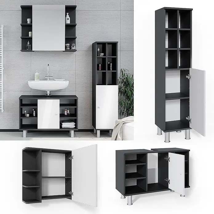 Vicco Badmöbel-Set Fynn Anthrazit 3 Teile, mit Midischrank Tür groß - Gesamtbreite Badmöbel: 110 cm, Anthrazit, Matt - Dunkelgraues Badmöbel-Set mit weißen Fronten, bestehend aus Waschbeckenunterschrank, Spiegelschrank und Hochschrank.