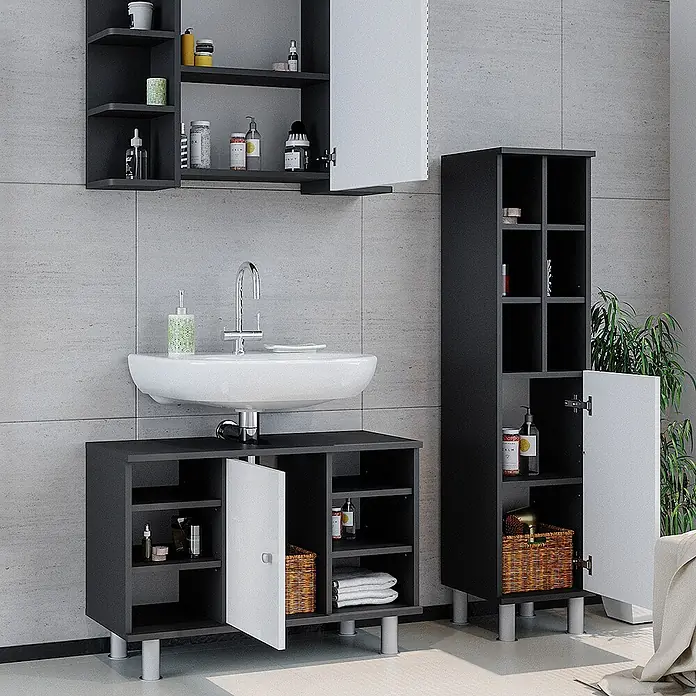Vicco Badmöbel-Set Fynn Anthrazit 3 Teile, mit Midischrank Tür groß - Gesamtbreite Badmöbel: 110 cm, Anthrazit, Matt - Dunkelgraues Badmöbelset mit weißen Türen und silbernen Beinen, bestehend aus Waschtischunterschrank, Wandschrank und hohem Stauraumschrank.