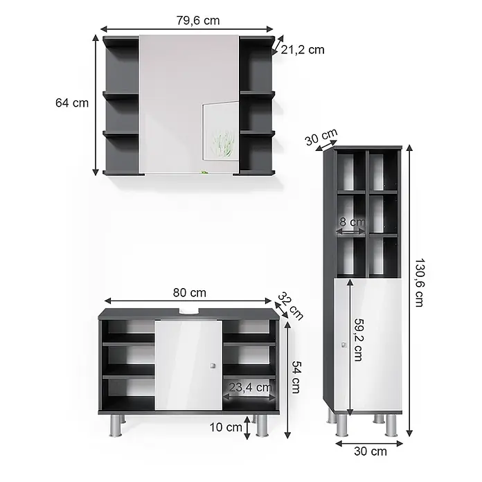 Vicco Badmöbel-Set Fynn Anthrazit 3 Teile, mit Midischrank Tür groß - Gesamtbreite Badmöbel: 110 cm, Anthrazit, Matt - Dunkelgrau-weißes Badmöbelset: Wandspiegelschrank, Waschtischunterschrank und hoher Stauraumschrank mit Maßen.