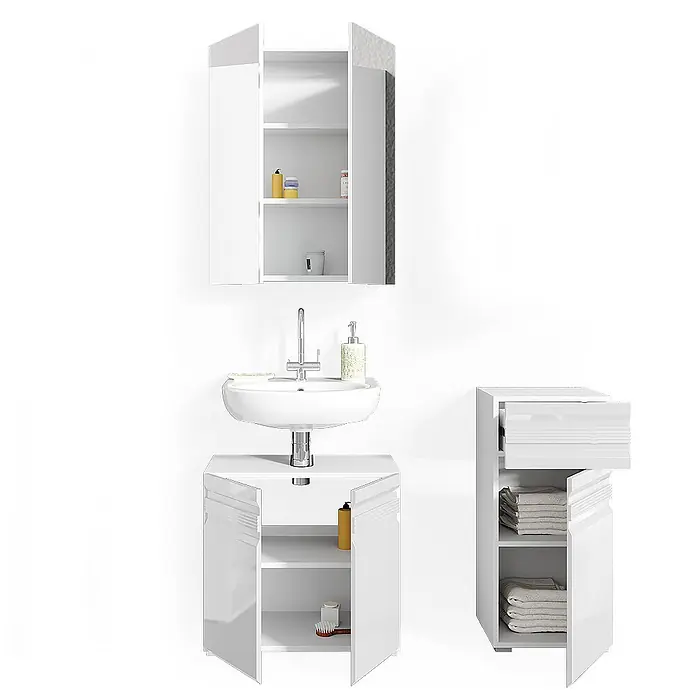 Vicco Badmöbel-Set Fredd Weiß Hochglanz 3 Teile - Gesamtbreite Badmöbel: 96,4 cm, Weiß Hochglanz, Glänzend - Weißes, glänzendes Badmöbel-Set mit Wandschrank, Waschbecken und zwei Aufbewahrungsschränken.