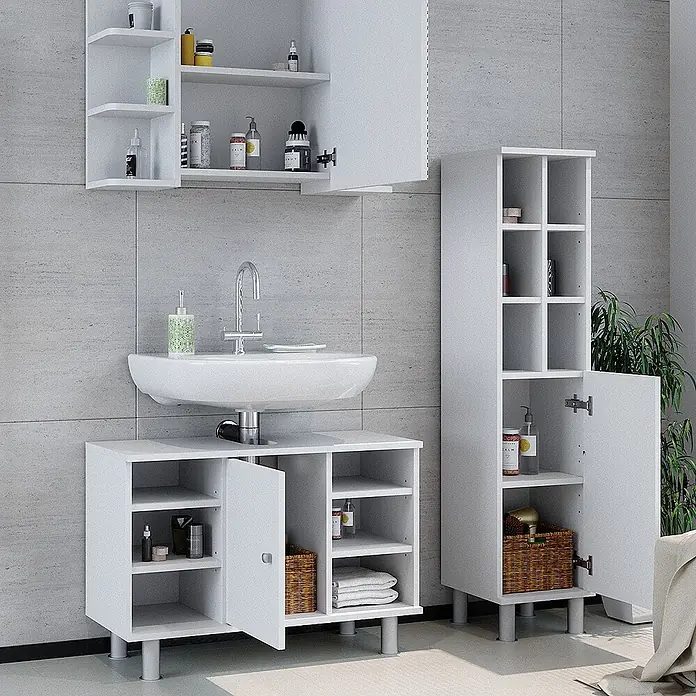 Vicco Badmöbel-Set Fynn Weiß 3 Teile, mit Midischrank Tür groß - Gesamtbreite Badmöbel: 110 cm, Weiß, Matt - Weißes Badezimmerschrank-Set mit Wand-, Waschbecken- und Hochschränken bietet vielseitige Aufbewahrung in einem modernen Bad.