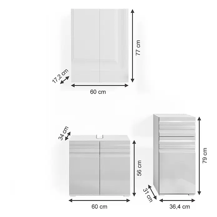 Vicco Badmöbel-Set Fredd Weiß Hochglanz 3 Teile - Gesamtbreite Badmöbel: 96,4 cm, Weiß Hochglanz, Glänzend - Drei weiße modulare Aufbewahrungsschränke (Wand-, Unter- und Hochschrank) mit Maßen für jedes Stück.