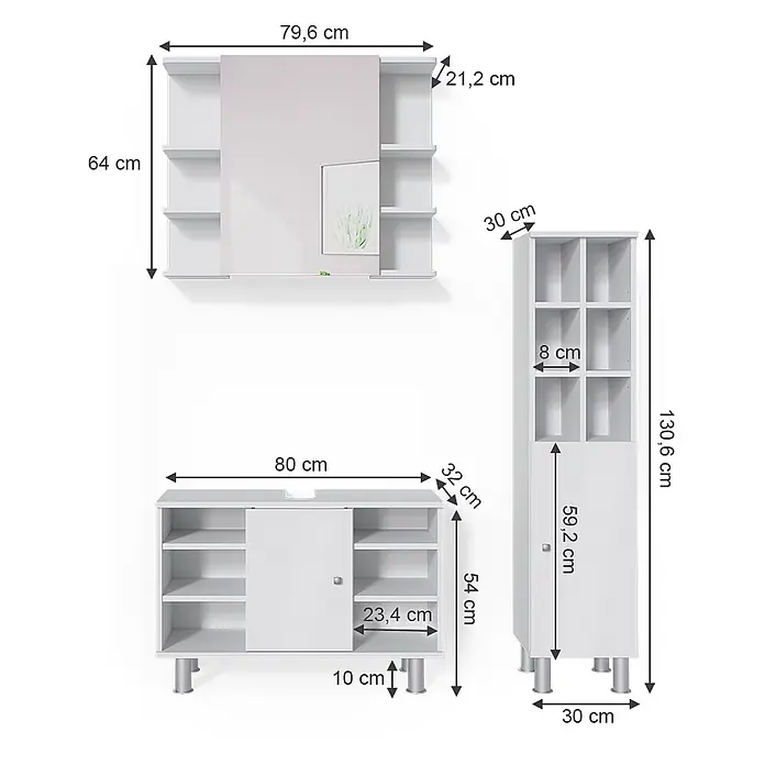 Vicco Badmöbel-Set Fynn Weiß 3 Teile, mit Midischrank Tür groß - Gesamtbreite Badmöbel: 110 cm, Weiß, Matt - Weißes Badmöbel-Set: Spiegelschrank, Waschtisch mit Schiebetür und Hochschrank.