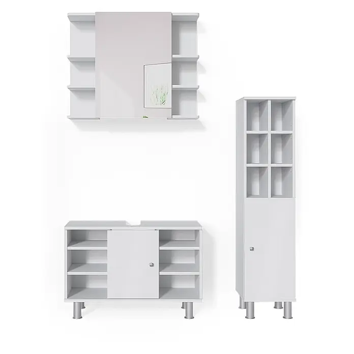 Vicco Badmöbel-Set Fynn Weiß 3 Teile, mit Midischrank Tür groß - Gesamtbreite Badmöbel: 110 cm, Weiß, Matt - Weißes Badmöbel-Set: wandmontierter Spiegelschrank, Waschtischunterschrank mit Schiebetür und Hochschrank mit silbernen Beinen.