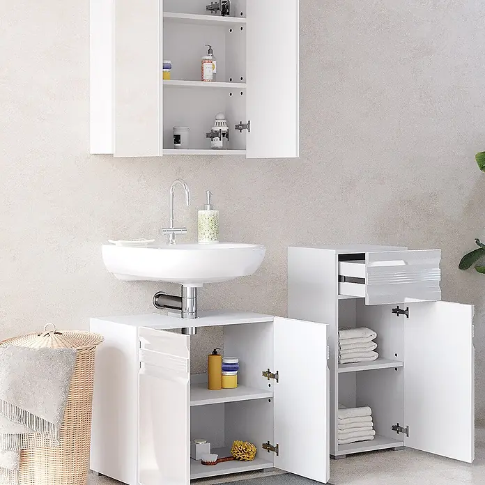 Vicco Badmöbel-Set Fredd Weiß Hochglanz 3 Teile - Gesamtbreite Badmöbel: 96,4 cm, Weiß Hochglanz, Glänzend - Weißes Hochglanz-Badezimmerset mit Wandschrank, Waschbeckenunterschrank und Bodenschrank, mit offenen Türen und Schublade.