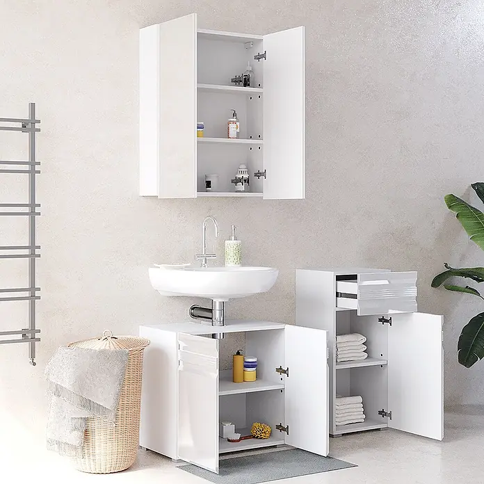 Vicco Badmöbel-Set Fredd Weiß Hochglanz 3 Teile - Gesamtbreite Badmöbel: 96,4 cm, Weiß Hochglanz, Glänzend - Weißes Badmöbelset Hochglanz mit Wandschrank, Waschbeckenunterschrank und freistehendem Schrank mit offenen Türen und Schubladen.