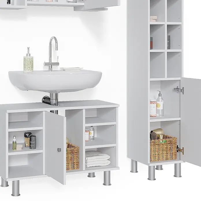 Vicco Badmöbel-Set Fynn Weiß 3 Teile, mit Midischrank Tür groß - Gesamtbreite Badmöbel: 110 cm, Weiß, Matt - Weißes Badezimmermöbel-Set mit Waschbeckenunterschrank, Hochschrank und Wandschrank. Bietet praktischen Stauraum mit Regalen und Türen.