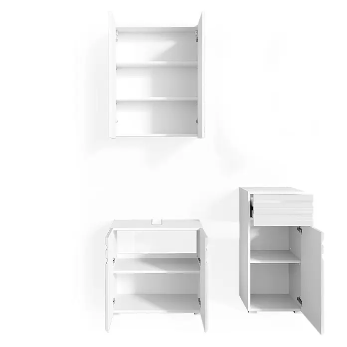 Vicco Badmöbel-Set Fredd Weiß Hochglanz 3 Teile - Gesamtbreite Badmöbel: 96,4 cm, Weiß Hochglanz, Glänzend - Drei weiße modulare Aufbewahrungsschränke mit offenen Türen und Regalen.