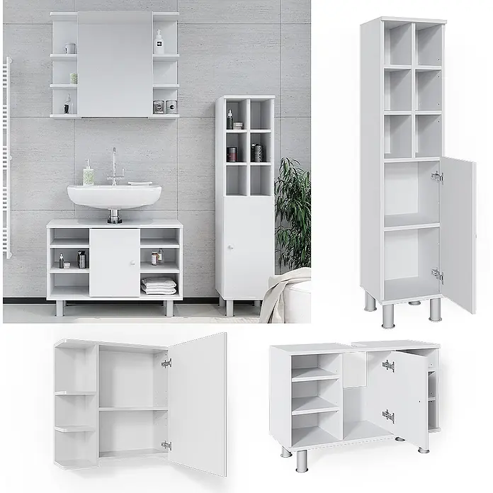 Vicco Badmöbel-Set Fynn Weiß 3 Teile, mit Midischrank Tür groß - Gesamtbreite Badmöbel: 110 cm, Weiß, Matt - Weißes modulares Badezimmermöbel-Set mit Spiegelschrank, Waschbeckenunterschrank und hohem Stauraumschrank.
