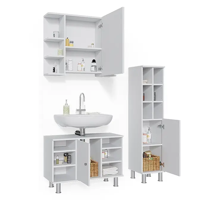 Vicco Badmöbel-Set Fynn Weiß 3 Teile, mit Midischrank Tür groß - Gesamtbreite Badmöbel: 110 cm, Weiß, Matt - Weißes Badmöbelset: Wandschrank, Waschbeckenunterschrank und hoher Stauraumschrank.
