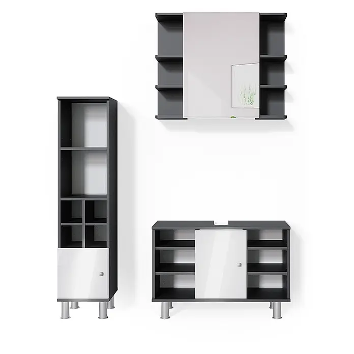 Vicco Badmöbel-Set Fynn Anthrazit 3 Teile, mit Midischrank Tür klein - Gesamtbreite Badmöbel: 110 cm, Anthrazit, Matt - Dunkelgraues Badmöbel-Set mit weißen Hochglanzfronten, bestehend aus Spiegelschrank, Hochschrank und Waschtischunterschrank mit Silberfüßen.