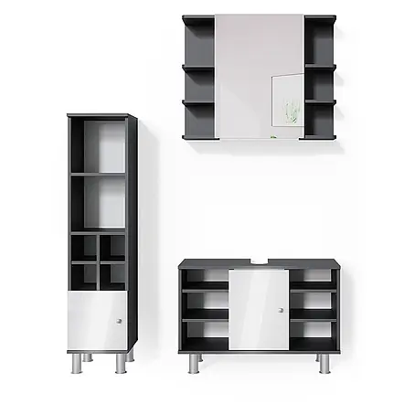 Vicco  Badmöbel-Set Fynn Anthrazit 3 Teile, mit Midischrank Tür klein