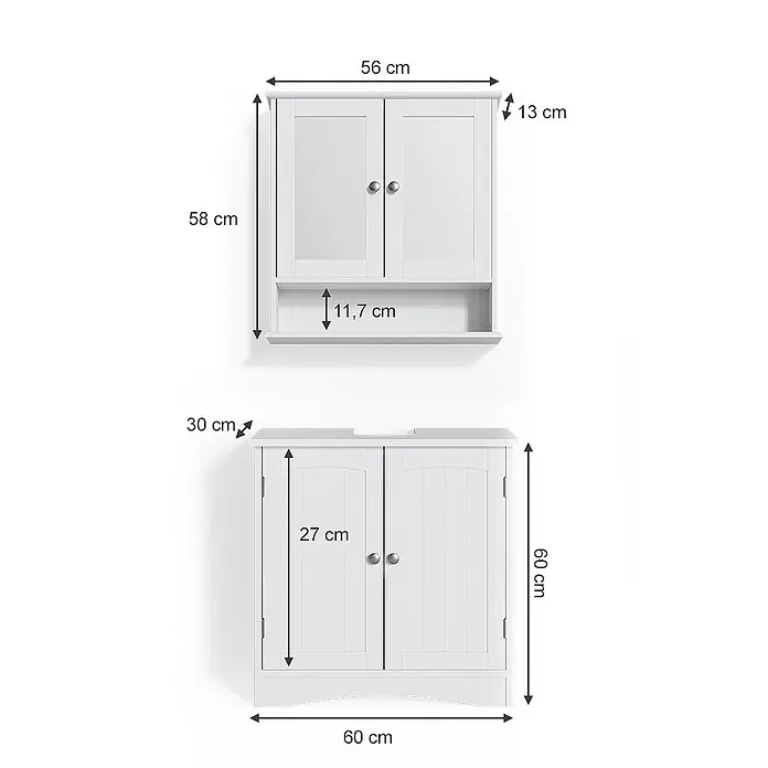 Vicco Badmöbel-Set Bianco Weiß 2 Teile - Gesamtbreite Badmöbel: 60 cm, Weiß, Matt - Zwei weiße Holzschränke, ein Wandschrank und ein Unterschrank, mit Maßen.