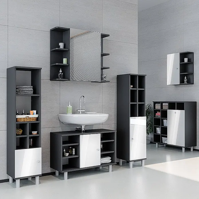 Vicco Badmöbel-Set Fynn Anthrazit 3 Teile, mit Midischrank Tür klein - Gesamtbreite Badmöbel: 110 cm, Anthrazit, Matt - Dunkelgraues Badmöbel-Set mit weißen Türen und offenen Regalen, inklusive Waschbeckenunterschrank, Hochschränken und Spiegelschrank.