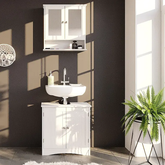 Vicco Badmöbel-Set Bianco Weiß 2 Teile - Gesamtbreite Badmöbel: 60 cm, Weiß, Matt - Weißes Badezimmermöbel-Set mit Waschbecken, Unterschrank und Spiegelschrank für ein funktionales Badezimmer.