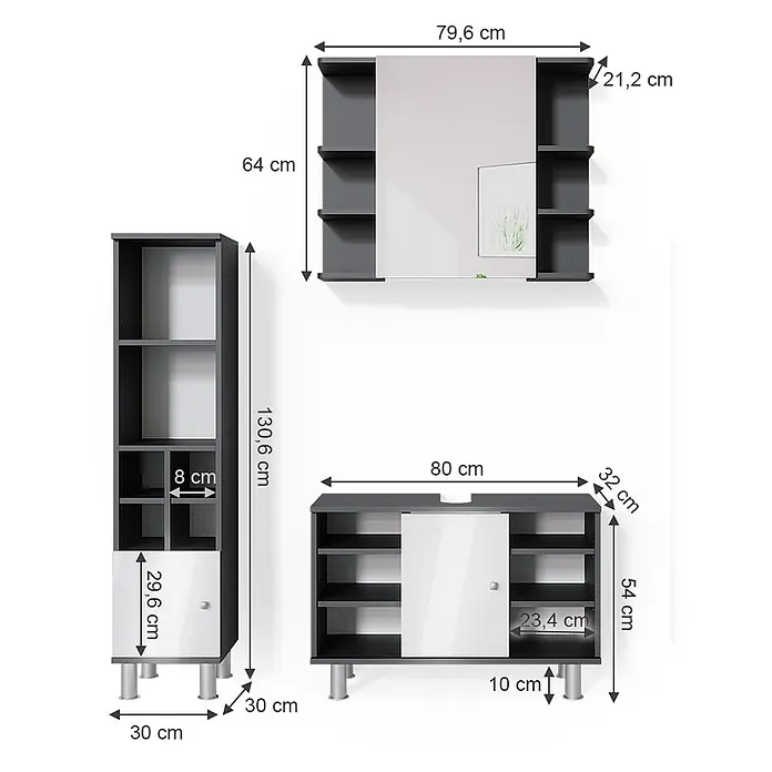 Vicco Badmöbel-Set Fynn Anthrazit 3 Teile, mit Midischrank Tür klein - Gesamtbreite Badmöbel: 110 cm, Anthrazit, Matt - Badmöbel-Set in Anthrazit und Weiß, bestehend aus Hochschrank, Spiegelschrank und Waschbeckenunterschrank, mit Maßen.