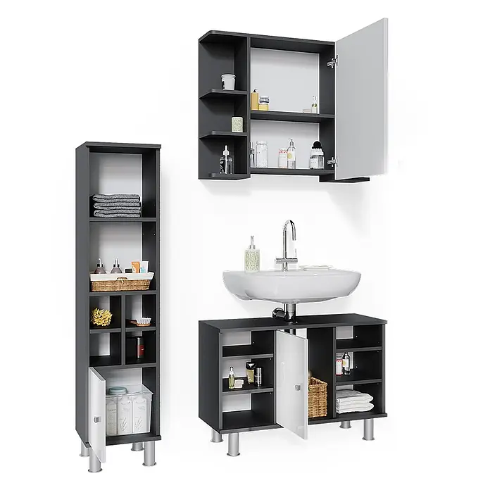 Vicco Badmöbel-Set Fynn Anthrazit 3 Teile, mit Midischrank Tür klein - Gesamtbreite Badmöbel: 110 cm, Anthrazit, Matt - Dunkelgraues Badmöbel-Set mit verschiedenen Aufbewahrungseinheiten, inkl. offener Regale und weißer Türen.
