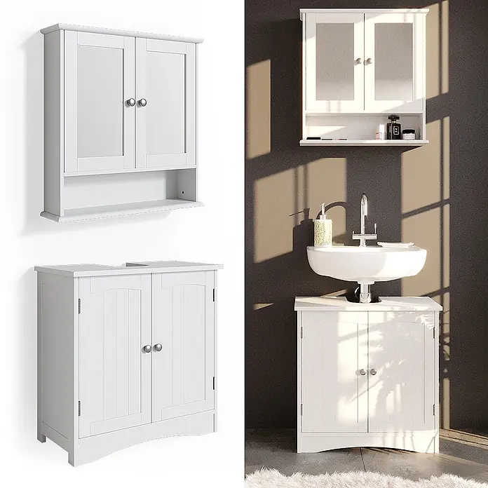 Vicco Badmöbel-Set Bianco Weiß 2 Teile - Gesamtbreite Badmöbel: 60 cm, Weiß, Matt - Weißer Badezimmer-Hängeschrank mit zwei Türen und Ablage, dazu passender Unterschrank/Waschtisch, einzeln und im Bad.