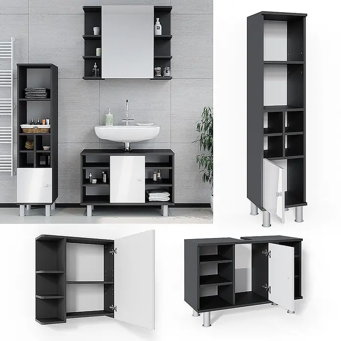 Vicco Badmöbel-Set Fynn Anthrazit 3 Teile, mit Midischrank Tür klein - Gesamtbreite Badmöbel: 110 cm, Anthrazit, Matt - Dunkelgraues Badmöbelset mit weißen Türen und silbernen Beinen, bestehend aus Hochschrank, Waschbeckenunterschrank und Spiegelschrank.