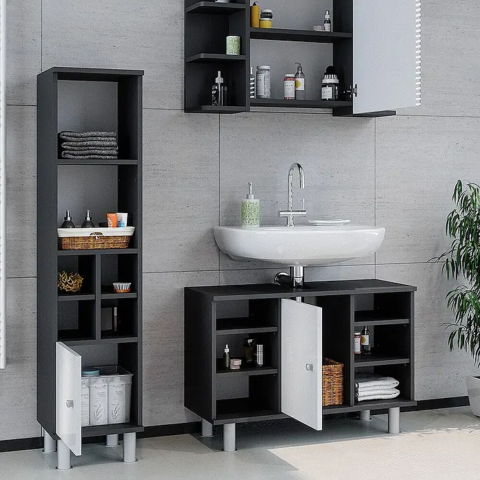 Vicco Badmöbel-Set Fynn Anthrazit 3 Teile, mit Midischrank Tür klein - Gesamtbreite Badmöbel: 110 cm, Anthrazit, Matt - Dunkelgraues Badmöbel-Set mit weißem Waschbecken, hohem Schrank, Unterschrank und Wandschrank mit Spiegeltür.