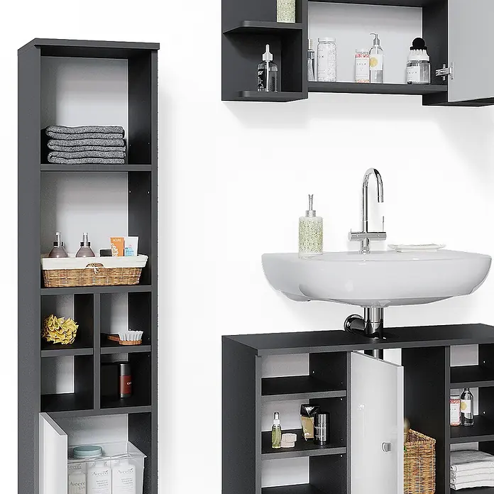 Vicco Badmöbel-Set Fynn Anthrazit 3 Teile, mit Midischrank Tür klein - Gesamtbreite Badmöbel: 110 cm, Anthrazit, Matt - Dunkelgraues Badmöbel-Set mit hohem Regal, Wandschrank und Waschbeckenunterschrank zur Organisation.