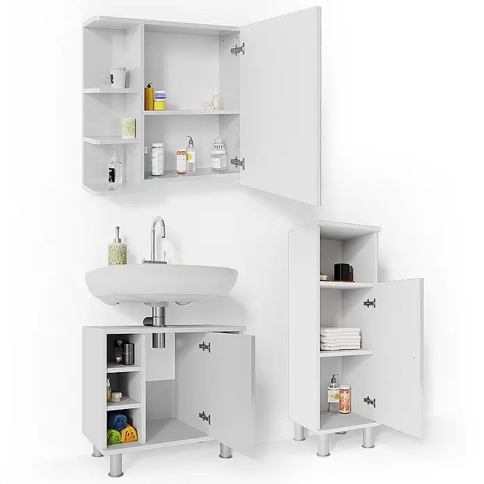 Vicco Badmöbel-Set Fynn Weiß Hochglanz 3 Teile, mit Midischrank - Gesamtbreite Badmöbel: 90 cm, Weiß Hochglanz, Glänzend - Weißes Badmöbelset: Spiegelschrank, Waschtischunterschrank und hoher Schrank mit offenen und geschlossenen Fächern.