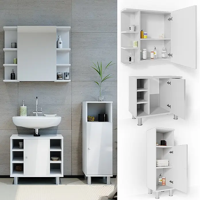 Vicco Badmöbel-Set Fynn Weiß Hochglanz 3 Teile, mit Midischrank - Gesamtbreite Badmöbel: 90 cm, Weiß Hochglanz, Glänzend - Weißes Badmöbelset mit Spiegel, Waschbecken und hohem Schrank, installiert und geöffnet zur Innenansicht.