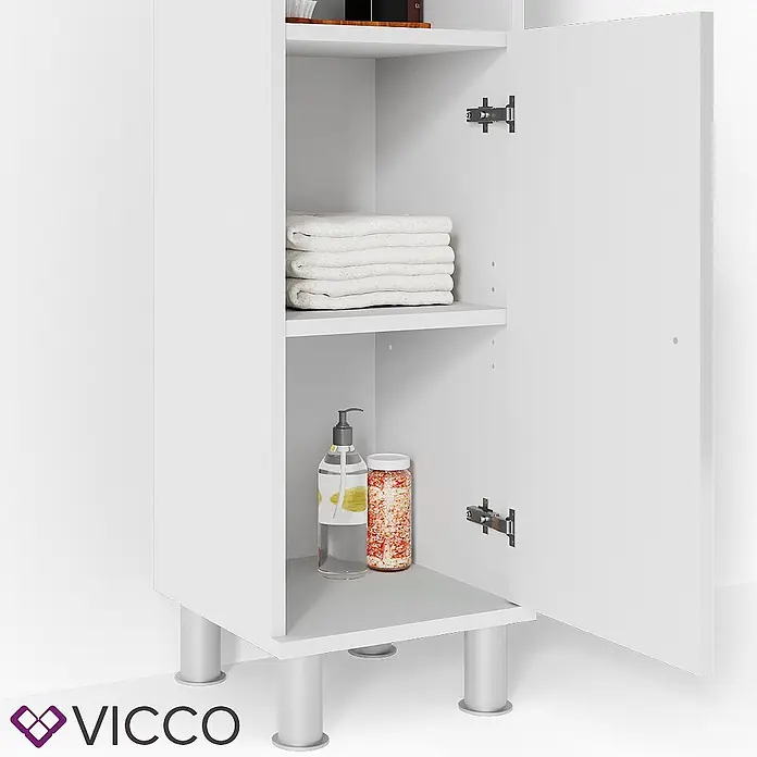 Vicco Badmöbel-Set Fynn Weiß Hochglanz 3 Teile, mit Midischrank - Gesamtbreite Badmöbel: 90 cm, Weiß Hochglanz, Glänzend - Weißer Aufbewahrungsschrank mit offener Tür, Regalböden, Handtüchern und Badartikeln, auf silbernen Beinen.