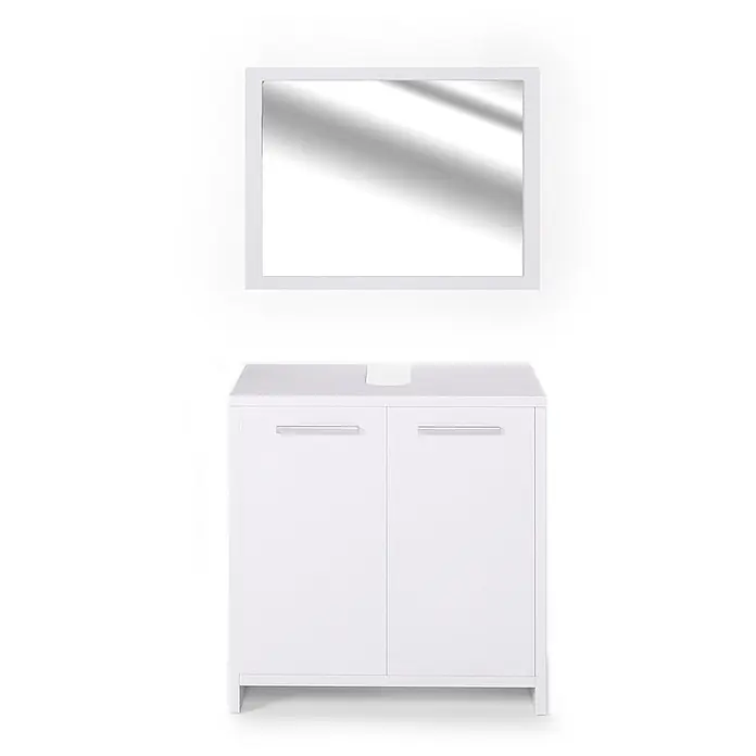 Vicco Badmöbel-Set Kiko Weiß 2 Teile - Gesamtbreite Badmöbel: 118 cm, Weiß, Matt - Weißer Badezimmerschrank mit zwei Türen und silbernen Griffen, gepaart mit einem passenden rechteckigen Spiegel.