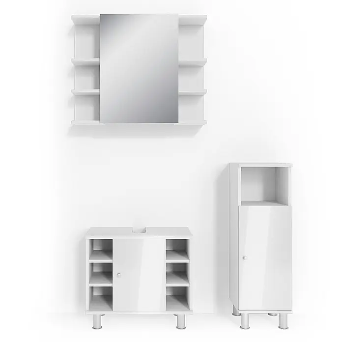 Vicco Badmöbel-Set Fynn Weiß Hochglanz 3 Teile, mit Midischrank - Gesamtbreite Badmöbel: 90 cm, Weiß Hochglanz, Glänzend - Weißes Badmöbel-Set: Spiegelschrank, Waschtischunterschrank mit Stauraum und hoher Hochschrank.