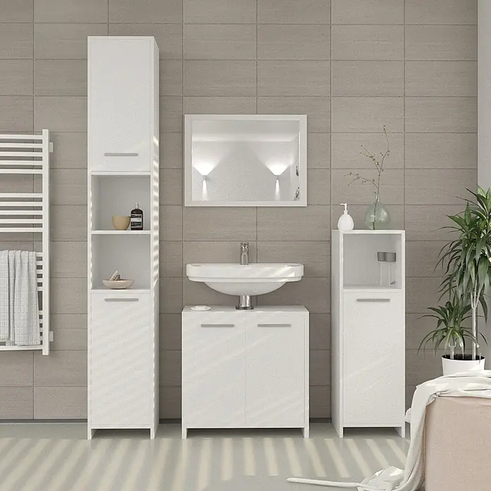 Vicco Badmöbel-Set Kiko Weiß 2 Teile - Gesamtbreite Badmöbel: 118 cm, Weiß, Matt - Weißes Badmöbel-Set mit Hochschrank, Waschtisch mit Waschbecken, einem Unterschrank und einem Spiegel.