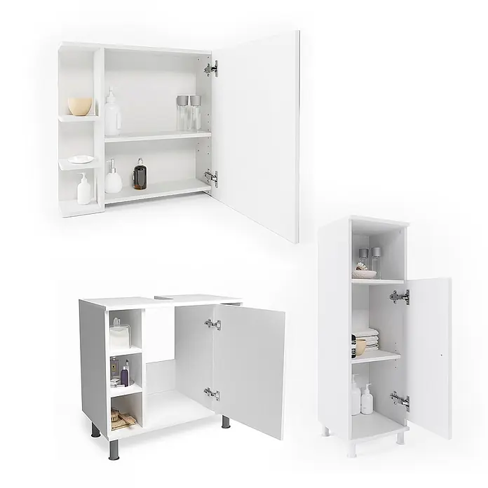 Vicco Badmöbel-Set Fynn Weiß 3 Teile, mit Midischrank - Gesamtbreite Badmöbel: 90 cm, Weiß, Matt - Drei weiße Badschränke: Hängeschrank, Waschtischunterschrank, Hochschrank, offen mit Toilettenartikeln.