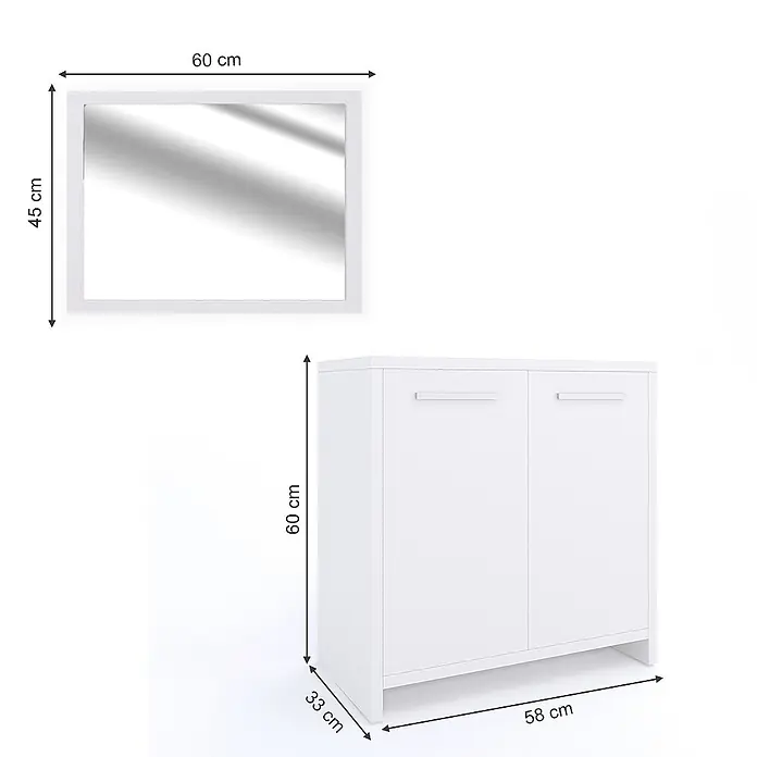 Vicco Badmöbel-Set Kiko Weiß 2 Teile - Gesamtbreite Badmöbel: 118 cm, Weiß, Matt - Weißer rechteckiger Spiegel (60x45cm) und weißer zweitüriger Lagerschrank (58x60x33cm).