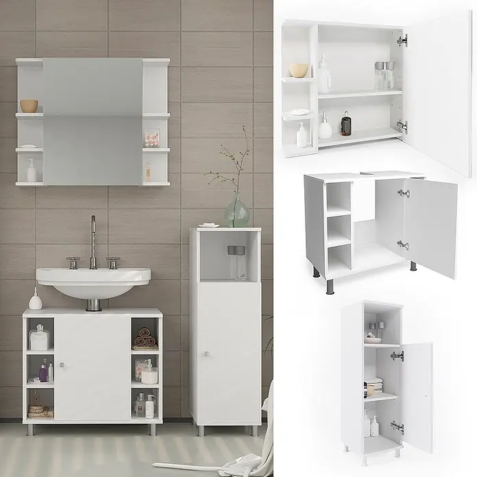 Vicco Badmöbel-Set Fynn Weiß 3 Teile, mit Midischrank - Gesamtbreite Badmöbel: 90 cm, Weiß, Matt - Weißes Badezimmermöbel-Set mit Spiegelschrank, Waschbeckenunterschrank und hohem Badschrank.