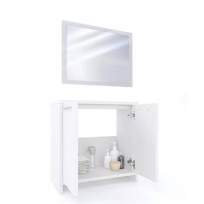 Vicco Badmöbel-Set Kiko Weiß 2 Teile - Gesamtbreite Badmöbel: 118 cm, Weiß, Matt - Weißer Badezimmerschrank mit offener Tür, der Toilettenartikel und Handtücher zeigt, und ein rechteckiger Spiegel darüber.