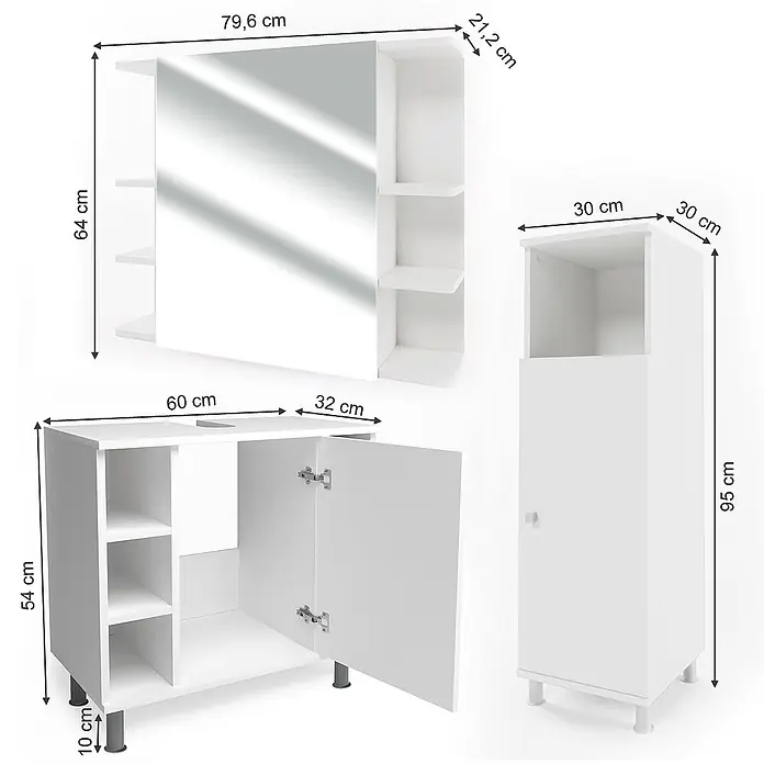 Vicco Badmöbel-Set Fynn Weiß 3 Teile, mit Midischrank - Gesamtbreite Badmöbel: 90 cm, Weiß, Matt - Set aus drei weißen Badschränken: ein Spiegelschrank, ein Waschbeckenunterschrank und ein hoher Hochschrank, mit Maßangaben.