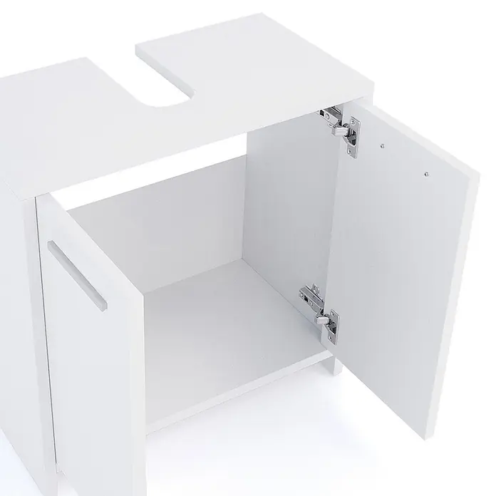 Vicco Badmöbel-Set Kiko Weiß 2 Teile - Gesamtbreite Badmöbel: 118 cm, Weiß, Matt - Weißer Badezimmerschrank mit zwei offenen Türen und U-förmigem Ausschnitt oben für die Sanitärinstallation des Waschbeckens.
