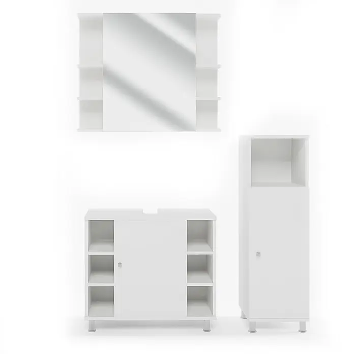 Vicco Badmöbel-Set Fynn Weiß 3 Teile, mit Midischrank - Gesamtbreite Badmöbel: 90 cm, Weiß, Matt - Weißes Badmöbel-Set: Spiegelschrank, Waschtischunterschrank und hoher Schrank mit Regalen und Türen.