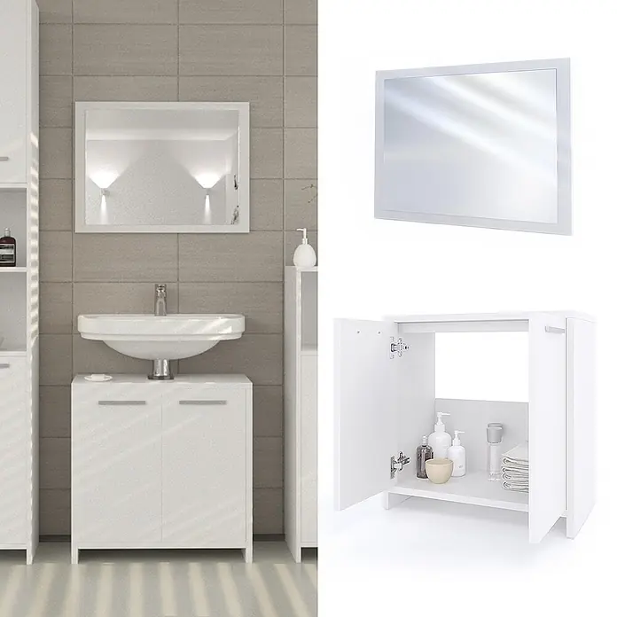 Vicco Badmöbel-Set Kiko Weiß 2 Teile - Gesamtbreite Badmöbel: 118 cm, Weiß, Matt - Weißer Badezimmerschrank mit Waschbecken, Spiegel und Seitenablagen.