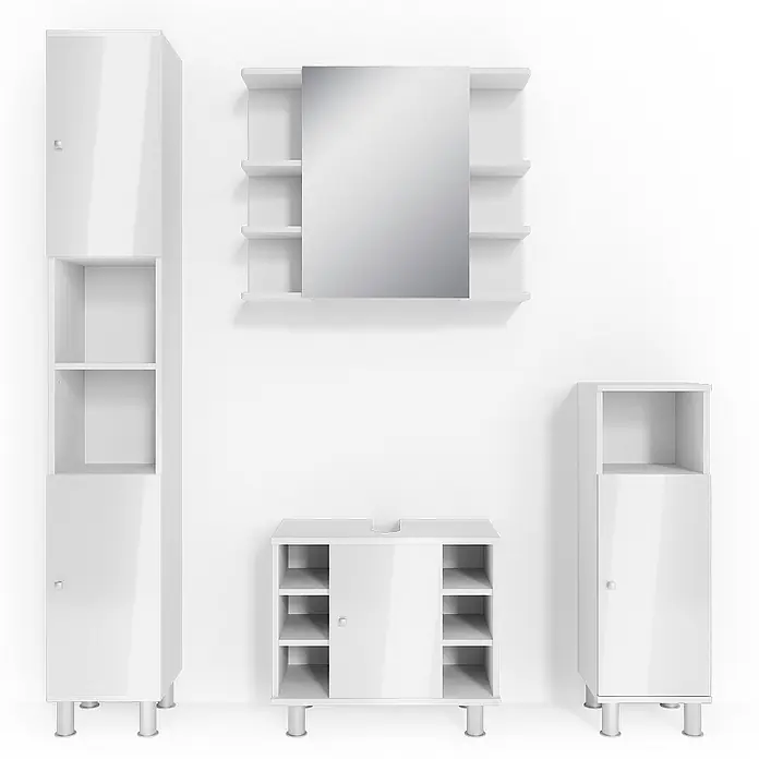 Vicco Badmöbel-Set Fynn Weiß Hochglanz 4 Teile - Gesamtbreite Badmöbel: 120 cm, Weiß Hochglanz, Glänzend - Weißglänzendes Badezimmermöbelset mit Hochschränken, Spiegelschrank und Waschtischunterschrank.