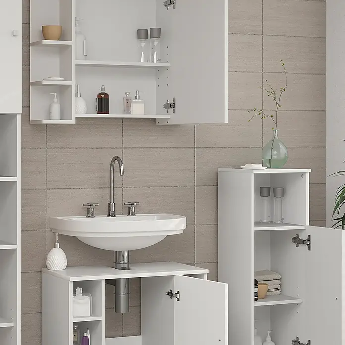 Vicco Badmöbel-Set Fynn Weiß 3 Teile, mit Midischrank - Gesamtbreite Badmöbel: 90 cm, Weiß, Matt - Weißes Badezimmerschrank-Set: Waschbeckenunterschrank, Spiegelschrank mit offenen Regalen und Bodenschränke.
