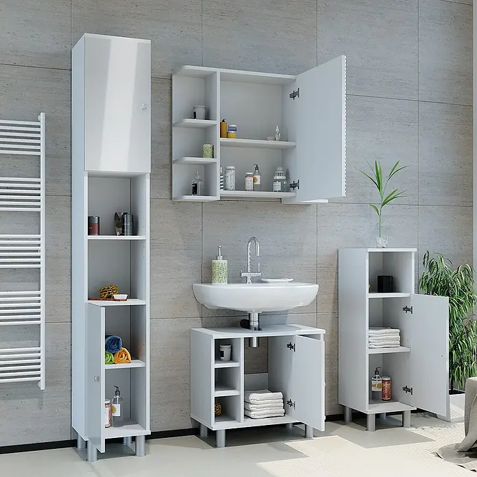 Vicco Badmöbel-Set Fynn Weiß Hochglanz 4 Teile - Gesamtbreite Badmöbel: 120 cm, Weiß Hochglanz, Glänzend - Weißes Badmöbelset: Hochschrank, Wandschrank, Waschbeckenunterschrank und Beistellschrank. Modernes Design mit viel Stauraum.
