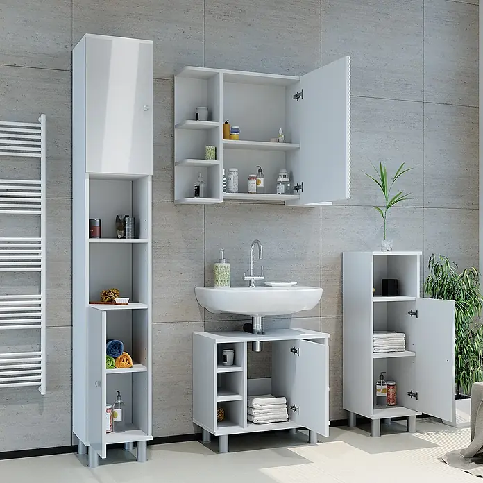 Vicco Badmöbel-Set Fynn Weiß Hochglanz 3 Teile, mit Hochschrank - Gesamtbreite Badmöbel: 90 cm, Weiß Hochglanz, Glänzend - Weißes Badmöbelset: Hochschrank, Wandschrank, Waschtischunterschrank und Beistellschrank.