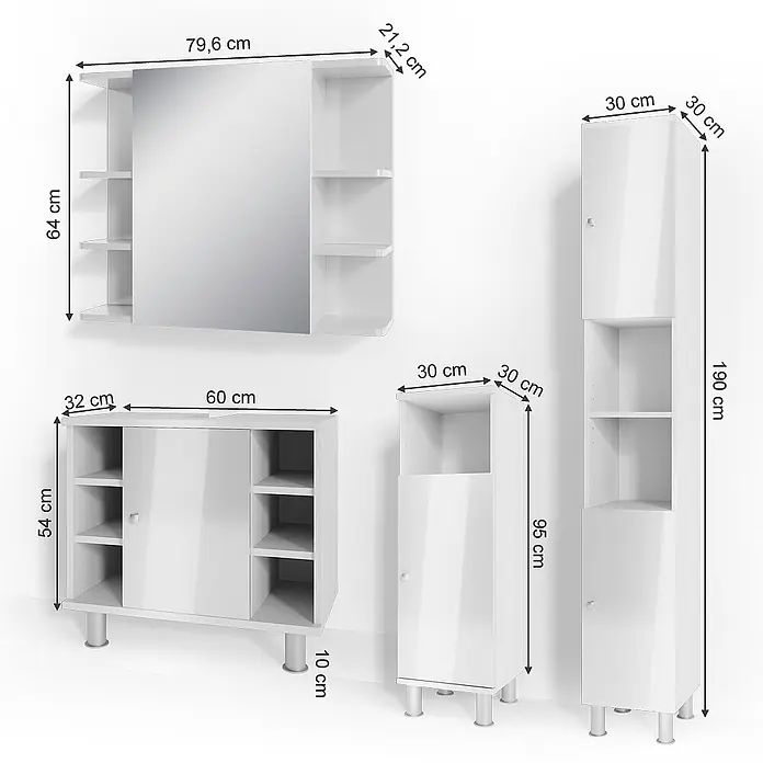Vicco Badmöbel-Set Fynn Weiß Hochglanz 4 Teile - Gesamtbreite Badmöbel: 120 cm, Weiß Hochglanz, Glänzend - Weißes, glänzendes Badezimmermöbel-Set mit Spiegelschrank, Unterschrank und zwei Hochschränken.