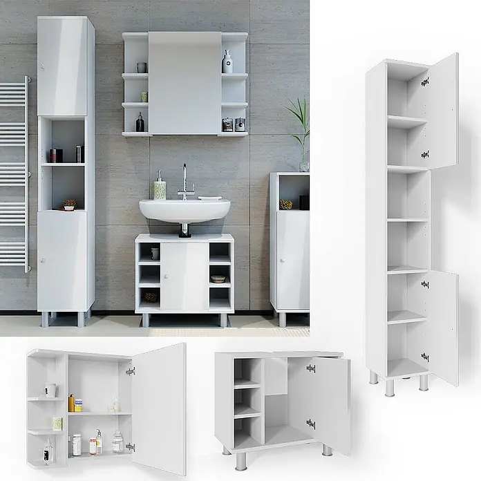 Vicco Badmöbel-Set Fynn Weiß Hochglanz 3 Teile, mit Hochschrank - Gesamtbreite Badmöbel: 90 cm, Weiß Hochglanz, Glänzend - Weißes Badmöbelset mit Hochschrank, Waschtischunterschrank und Spiegelschrank, mit offenen Türen und Ablageflächen.